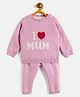 JWAAQ Cotton Blend Full Sleeves I Love Mum Printed Winter Set With Faux Fur - Pink