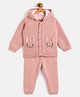 JWAAQ Cotton Blend Full Sleeves Cat Face Embroidered Winter Set With Faux Fur - Rose
