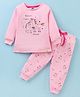 Pink Rabbit Interlock Knit Full Sleeves T-Shirt & Lounge Pants With Unicorn Print - Pink