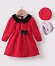 Kookie Kids Full Sleeves Winter Frock With Peter Pan Collar & Bow Applique - Red