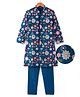 Pine Kids Woven Full Sleeves Kurta Pyjama Set with Floral Sequin Embroidery - Navy Blue
