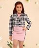 Cutecumber Side Taped & Ribbed Detail Dress With Full Sleeves Checked Shrug - Peach