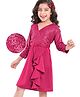 Hola Bonita Knit Full Sleeves All over sequin front overlaping with Scuba Ruffle Party Dress - Fuchsia