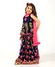 Elaisha  Sleeveless Floral Embroidered Peplum Top & Ghagra  With Net Dupatta - Navy & Pink