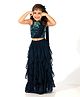 Elaisha  Sleeveless Abstract Designed Top With Draped Dupatta And Ruffled Lehenga Set - Navy Blue