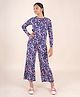Kiddopanti 100% Cotton Knit Floral Printed Coordinating Night Suit - Navy Blue