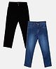 Kiddopanti Pack Of 2 Full Length Solid & Washed Stretchable Denim Jeans - Black & Blue
