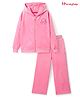Honeyhap Premium Velour Knit Full Sleeves Text Embroidered Hooded Sweatjacket & Pant Set with Bio Finish - Pink