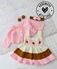 Woonie Granny Crochet Floral Detailed  Handmade Dress With Full Sleeves Shrug & Headband - Pink