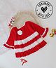 Woonie Full Sleeves Handmade Crochet Floral Applique & Striped Flare Dress - Red