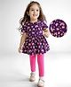 Doodle Poodle Cotton Knit Half Sleeves Peter Pan Collared Hearts & Rainbow Printed Frock With Leggings  - Navy & Dark Pink