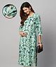 MomToBe Cotton Three Fourth Sleeves Floral Printed & Lace Embellished Maternity Kurta With Concealed Zipper Nursing Access - Green