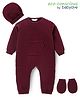 Babyoye Knitted Full Sleeves Solid Colour Winter Wear Romper with Caps & Mittens Set - Maroon