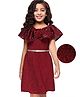 Hola Bonita Knit Flutter Sleeves A Line Shimmered Party Frock with Sequined Floral Corsage - Red
