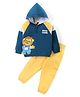 Babyhug Cotton Knit Raglan Sleeves Hooded T-Shirt & Lounge Pants Set With Lion Print - Navy & Yellow