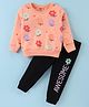 Bodycare Cotton Knit Full Sleeves T-Shirt & Lounge Pants Set With Floral Print - Coral & Black