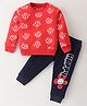 Bodycare Cotton Knit Full Sleeves T-Shirt & Lounge Pants Set With Floral Print - Red & Navy