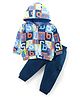 Babyhug Terry Knit Full Sleeves Hooded T-Shirt & Lounge Pants Set With Kangaroo Pocket & Alphabets Print - Blue