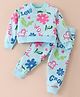 Doreme Cotton Knit Full Sleeves Floral Printed Top & Lounge Pants Co-Ord Set - Light Blue