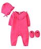 Babyhug Winter Polyfill Full Sleeves Romper with Cap & Booties Frill Detailing - Pink
