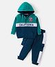 Babyhug Cotton Knit Full Sleeves Hooded Color Block T-Shirt & Lounge Pants Set With Text Print - Teal Blue