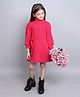 Taffykids Full Sleeves Solid Textured High Neck Dress With Tie Up Belt - Pink