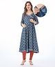 Bella Mama Woven Over Lapping Front Three Fourth Sleeves Maternity Kurta With Pocket Kolka Print- Blue