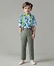 Ollington St. 100% Cotton Full Sleeves Collared Shirt & Twill Pant Set with Bow & Suspender Wild Animals Print -White & Blue