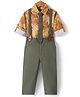 Ollington St. 100% Cotton Knit Full Sleeves Collared Shirt & Twill Pant Set with Tie & Suspender Tropical Theme Print - Brown & Olive Green