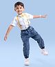 Ollington St. 100% Cotton Woven Half Sleeves Dino Printed Party Shirt & Denim Joggers Set with Bow & Suspender - Blue & White