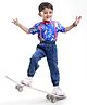 Ollington St. 100% Cotton Woven Half Sleeves Geometric Printed Party Shirt & Denim Joggers Set with Bow & Suspender - Blue & Red