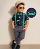 Ollington St. 100% Cotton Woven Half Sleeves Dino Printed Party Shirt & Pant Set with Bow & Suspender - Blue & Green