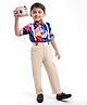 Ollington St. 100% Cotton Woven Full Sleeves Printed Shirt & Twill Pants Set With Bow & Suspender - Blue