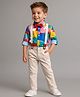 Ollington St. 100% Cotton Woven Full Sleeves Printed Shirt & Twill Pants Set With Bow & Suspender - Blue
