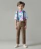 Ollington St. 100% Cotton Knit Full Sleeves Checkered Party Collared Shirt & Twill Jogger Set with Bow & Suspender - White Tan & Pink