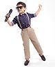 Ollington St. 100% Cotton Full Sleeves Collared Shirt & Twill Pant Set with Bow & Suspender Star Print -Navy Blue