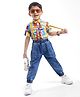 Ollington St. 100% Cotton Woven Half Sleeves Geometric Printed Party Shirt & Denim Joggers Set with Bow & Suspender - Blue & Red