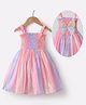 Kookie Kids Sleeveless Frock with Smocking Detailing & Butterfly Applique  - Pink Blue & Peach