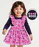 Doodle Poodle Single Jersey Knit Frill Sleeves Floral Printed Frock With Full Sleeves Inner Tee - Navy & Pink