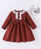Kookie Kids Full Sleeves Party Frock With Lace Detailing & Bow Applique - Brown