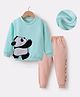 Kookie Kids Full Sleeves Winter Wear T-Shirt & Lounge Pant Set with Panda Patch & Print -  Sea Green