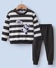 Kookie Kids Full Sleeves Striped Winter Wear T-Shirt & Lounge Pant Set with Panda Patch- Charcoal Grey
