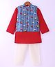 Saka Designs Cotton Woven Full Sleeves Solid Colour Kurta Pyjama Set with Striped & Car Printed Nehru Jacket - Red & White
