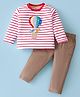 ToffyHouse 100% Cotton Knit Full Sleeves Striped T-Shirt & Woven Corduroy Pants Set With Hot Air Balloon Embroidery - Red & Khaki