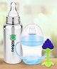 Kidbea Stainless Steel Infant Baby Feeding Bottle with Blue Shipper soft pacifer/feeder & Grapes Shape Silicone Baby Teether, Anti-Colic, Plastic-Free,304 Grade Pack of 3