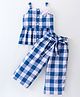 CrayonFlakes Rayon Sleeveless Floral Applique Detail Checked Coordinating Top With Palazzo Set - Blue