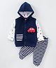 Wonderchild Velour Car Patch Detailed Hooded Jacket With Full Sleeves Tee & Striped Pant - Navy Blue