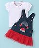 Wonderchild Girl Embroidered Dungaree Dress With Half Sleeves Solid Top - White & Navy Blue
