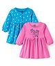 Doodle Poodle Cotton Knit Full Peasant Sleeves Frocks  with Floral Print & Bow Applique Pack of 2 - Pink & Blue