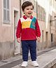 Babyhug Single Jersey Knit Full Sleeves Polo T-Shirt & Lounge Pant Set With Colour Block & Text Print - Red & Navy Blue